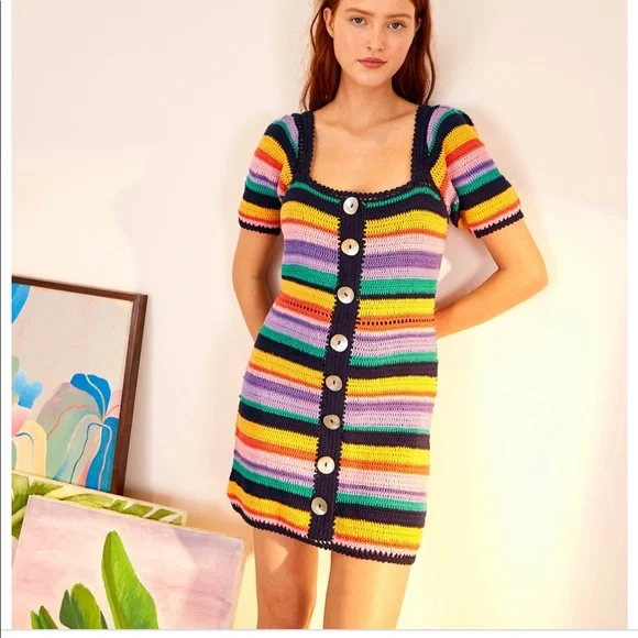 white christmas dresses Women's Striped Crochet Dream Mini Dress – The Hippie Shake main image 1